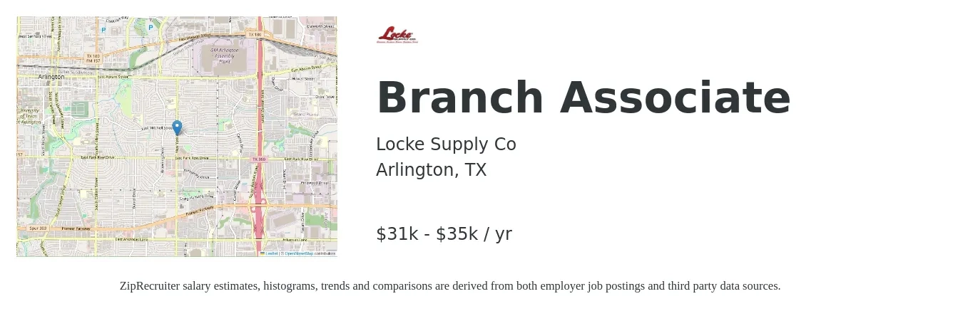 Locke Supply Co job posting for a Branch Associate in Arlington, TX with a salary of $15 Hourly with a map of Arlington location.