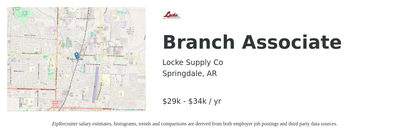 Locke Supply Co job posting for a Branch Associate in Springdale, AR with a salary of $14 Hourly with a map of Springdale location.