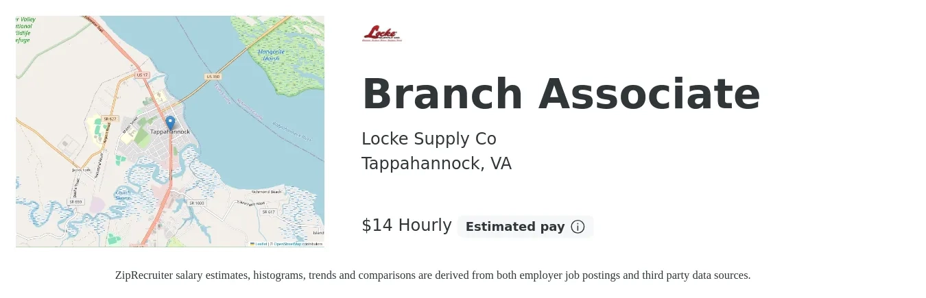 Locke Supply Co job posting for a Branch Associate in Tappahannock, VA with a salary of $29,000 to $35,000 Yearly with a map of Tappahannock location.