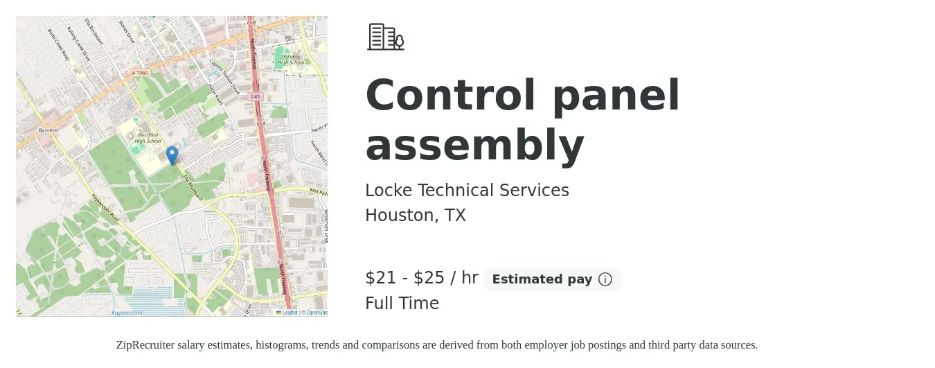 Locke Technical Services job posting for a Control panel assembly in Houston, TX with a salary of $22 to $27 Hourly with a map of Houston location.