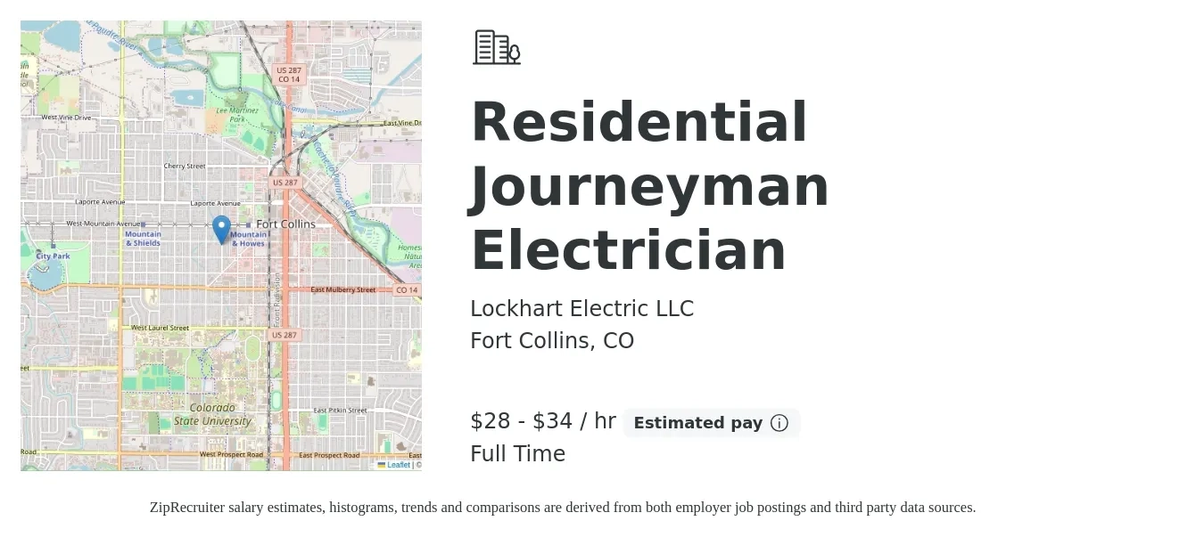 Lockhart Electric LLC job posting for a Residential Journeyman Electrician in Fort Collins, CO with a salary of $30 to $40 Hourly with a map of Fort Collins location.
