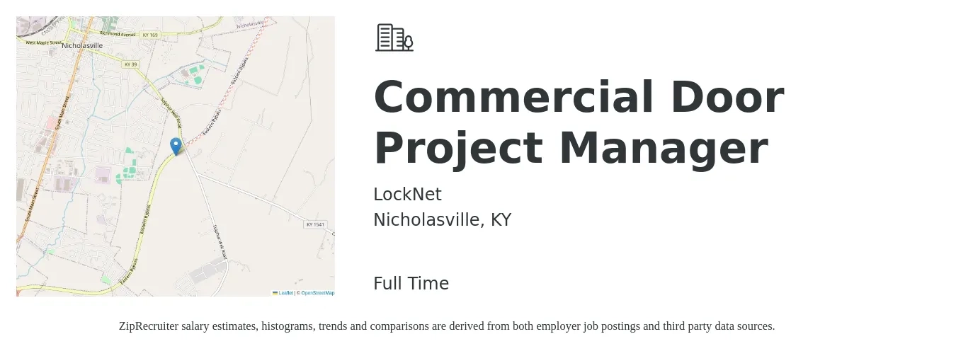 LockNet job posting for a Commercial Door Project Manager in Nicholasville, KY with a salary of $66,300 to $105,200 Yearly with a map of Nicholasville location.