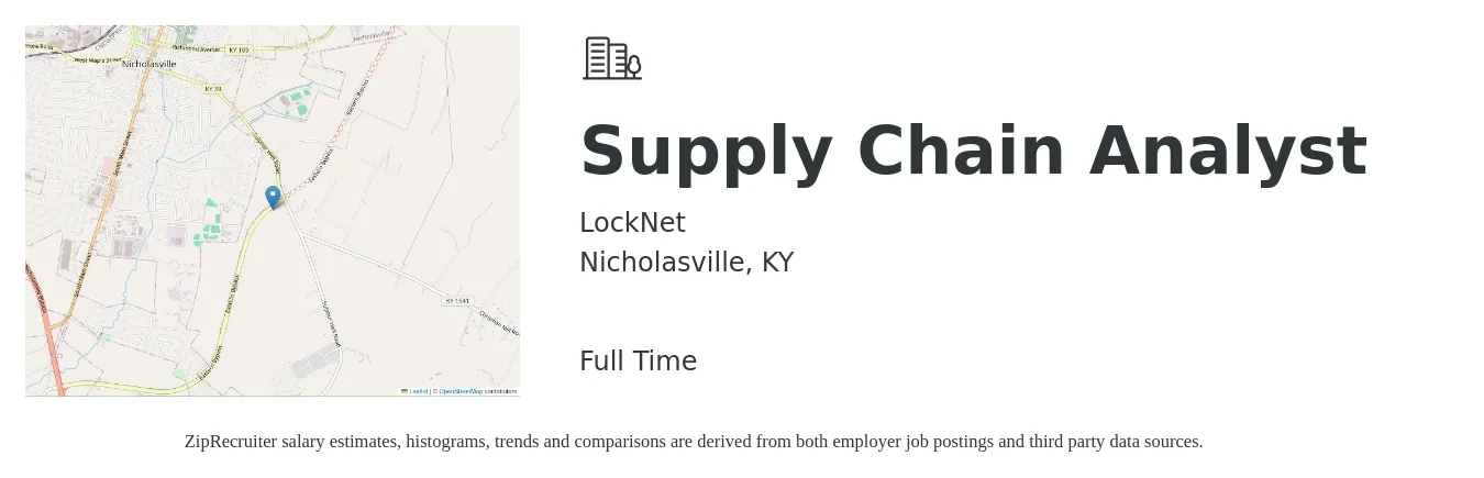 LockNet job posting for a Supply Chain Analyst in Nicholasville, KY with a salary of $52,200 to $73,800 Yearly with a map of Nicholasville location.