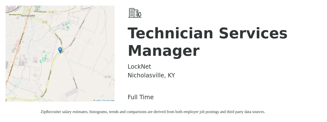 LockNet job posting for a Technician Services Manager in Nicholasville, KY with a salary of $17 to $26 Hourly with a map of Nicholasville location.