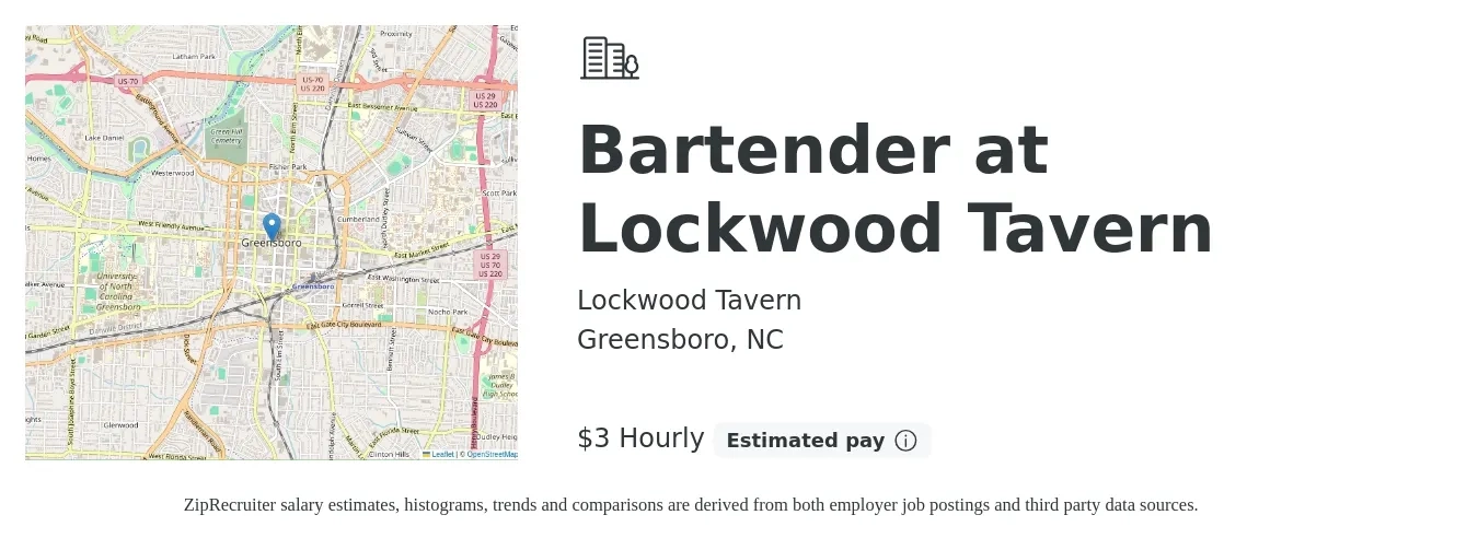 Lockwood Tavern job posting for a Bartender at Lockwood Tavern in Greensboro, NC with a salary of $4 Hourly with a map of Greensboro location.