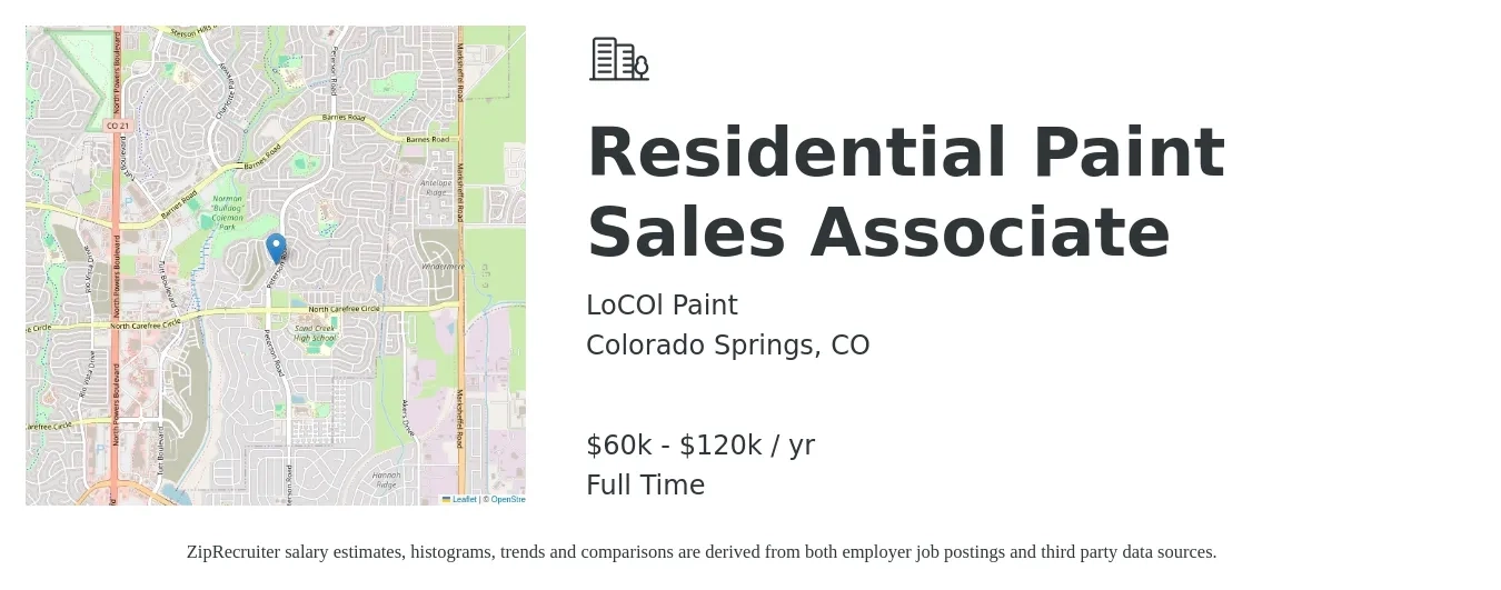 LoCOl Paint job posting for a Residential Paint Sales Associate in Colorado Springs, CO with a salary of $60,000 to $120,000 Yearly with a map of Colorado Springs location.