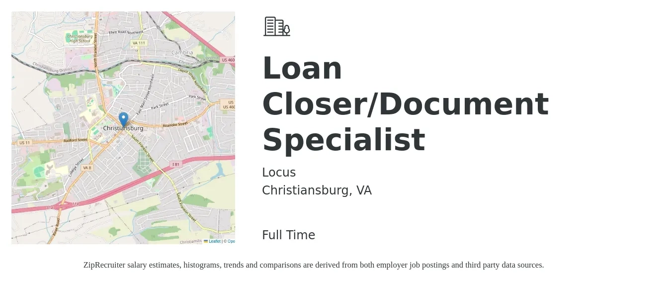 Locus job posting for a Loan Closer/Document Specialist in Christiansburg, VA with a salary of $22 to $34 Hourly with a map of Christiansburg location.