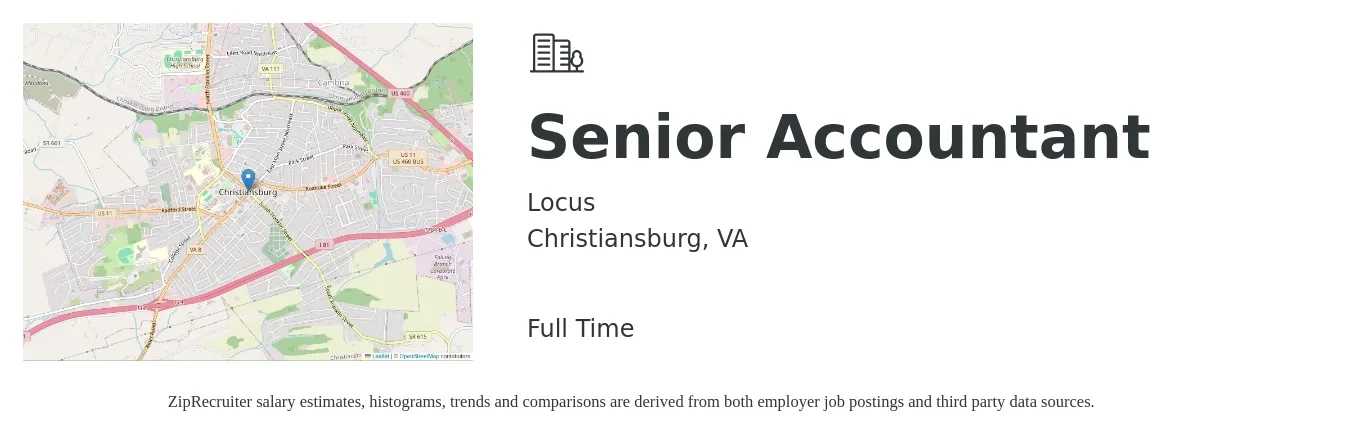 Locus job posting for a Senior Accountant in Christiansburg, VA with a salary of $68,400 to $86,000 Yearly with a map of Christiansburg location.