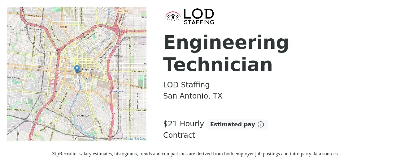 LOD Staffing job posting for a Engineering Technician in San Antonio, TX with a salary of $22 Hourly with a map of San Antonio location.