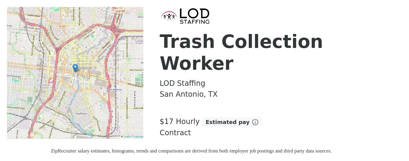 LOD Staffing job posting for a Trash Collection Worker in San Antonio, TX with a salary of $18 Hourly with a map of San Antonio location.