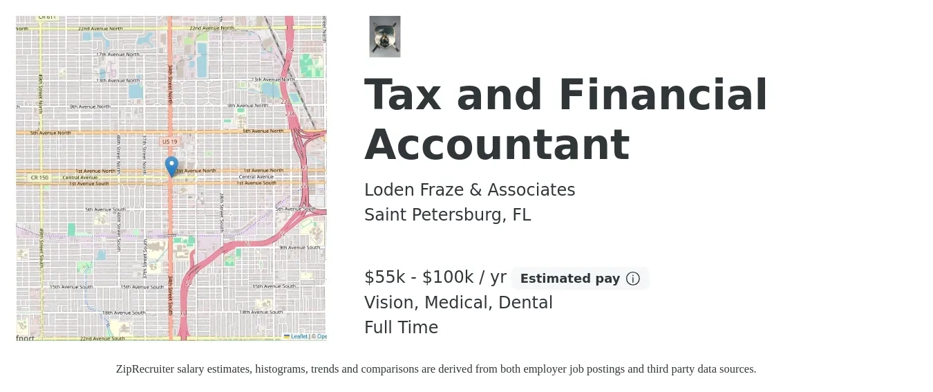 Loden Fraze & Associates job posting for a Tax and Financial Accountant in Saint Petersburg, FL with a salary of $55,000 to $100,000 Yearly and benefits including retirement, vision, dental, life_insurance, and medical with a map of Saint Petersburg location.