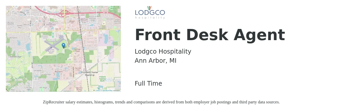Lodgco Hospitality job posting for a Front Desk Agent in Ann Arbor, MI with a salary of $14 to $18 Hourly with a map of Ann Arbor location.