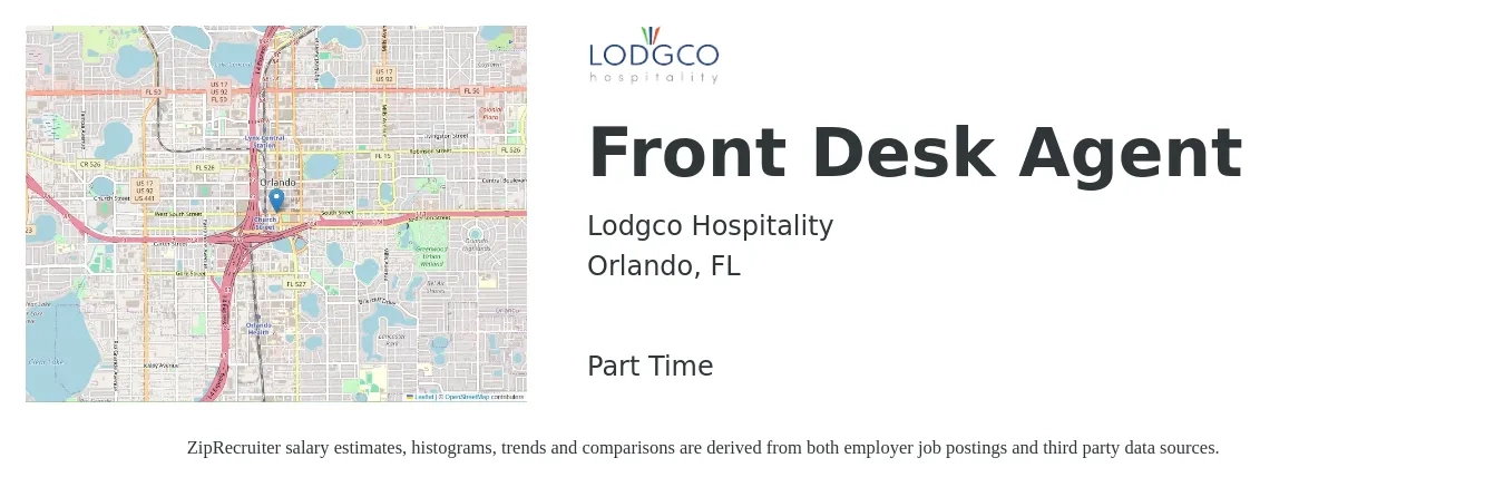 Lodgco Hospitality job posting for a Front Desk Agent in Orlando, FL with a salary of $13 to $17 Hourly with a map of Orlando location.
