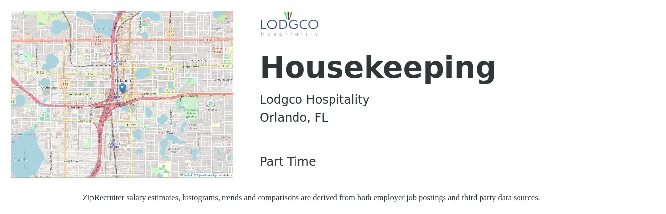Lodgco Hospitality job posting for a Housekeeping in Orlando, FL with a salary of $13 to $16 Hourly with a map of Orlando location.