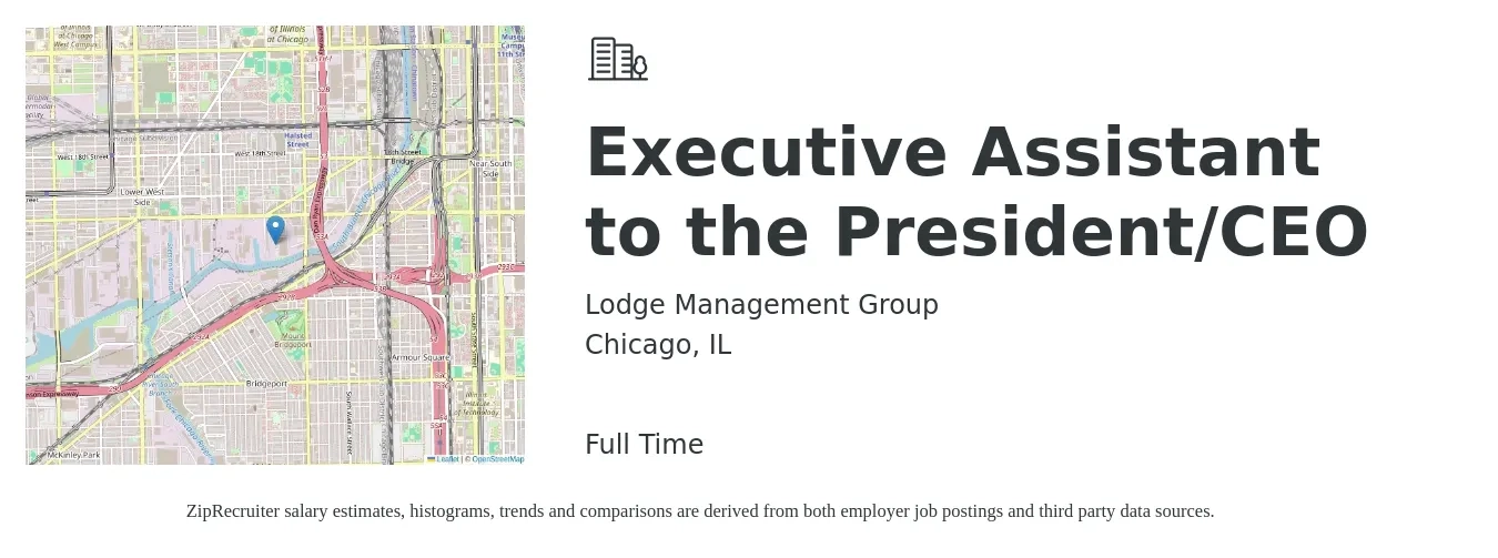 Lodge Management Group job posting for a Executive Assistant to the President/CEO in Chicago, IL with a salary of $56,200 to $103,100 Yearly with a map of Chicago location.