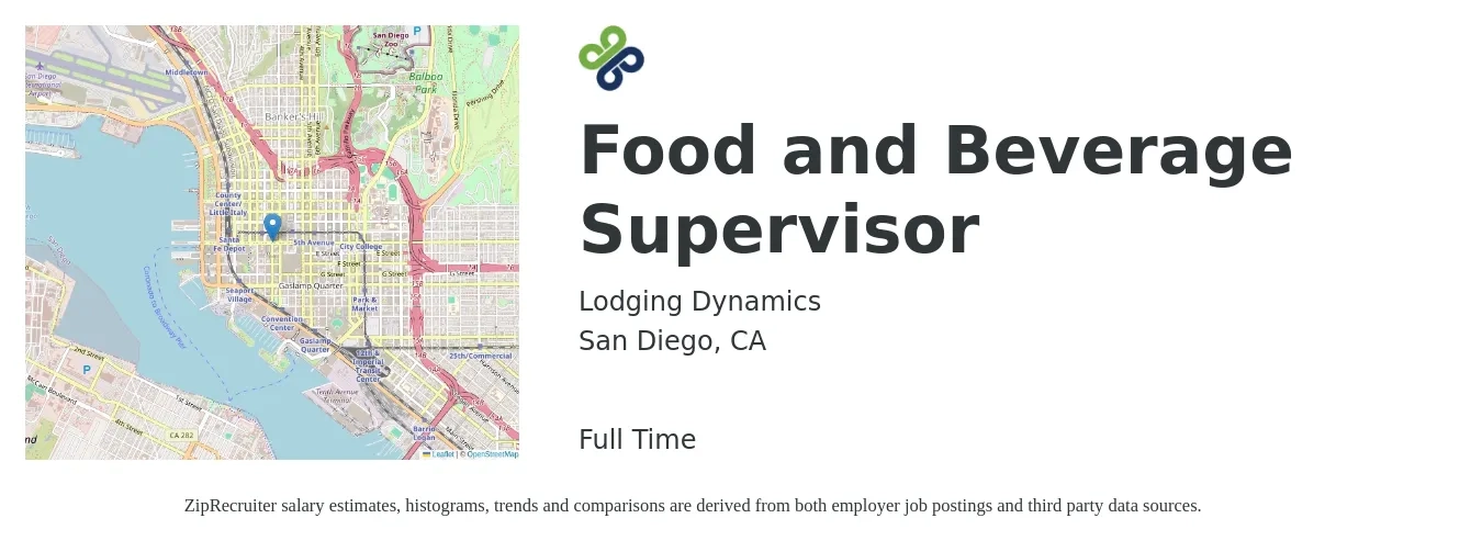 Lodging Dynamics job posting for a Food and Beverage Supervisor in San Diego, CA with a salary of $44,600 to $72,200 Yearly with a map of San Diego location.