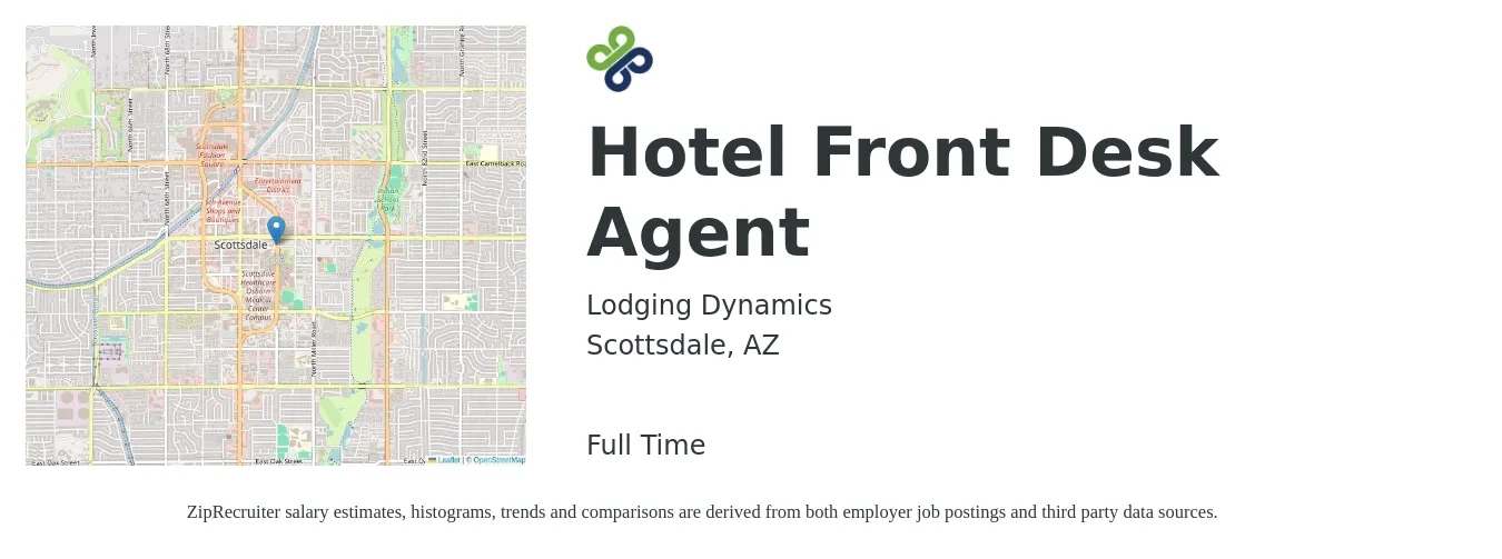 Lodging Dynamics job posting for a Hotel Front Desk Agent in Scottsdale, AZ with a salary of $14 to $18 Hourly with a map of Scottsdale location.