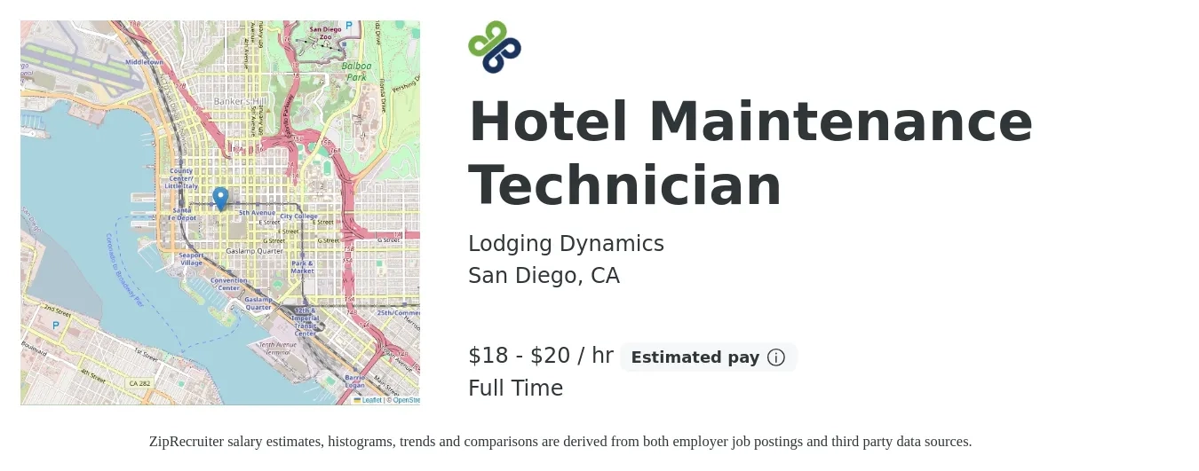 Lodging Dynamics job posting for a Hotel Maintenance Technician in San Diego, CA with a salary of $19 to $21 Hourly with a map of San Diego location.
