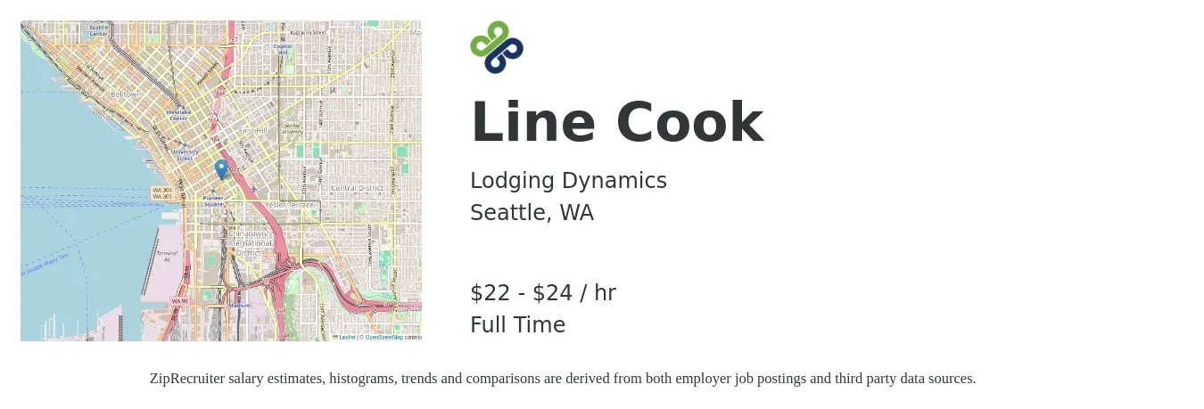 Lodging Dynamics job posting for a Line Cook in Seattle, WA with a salary of $23 to $25 Hourly with a map of Seattle location.