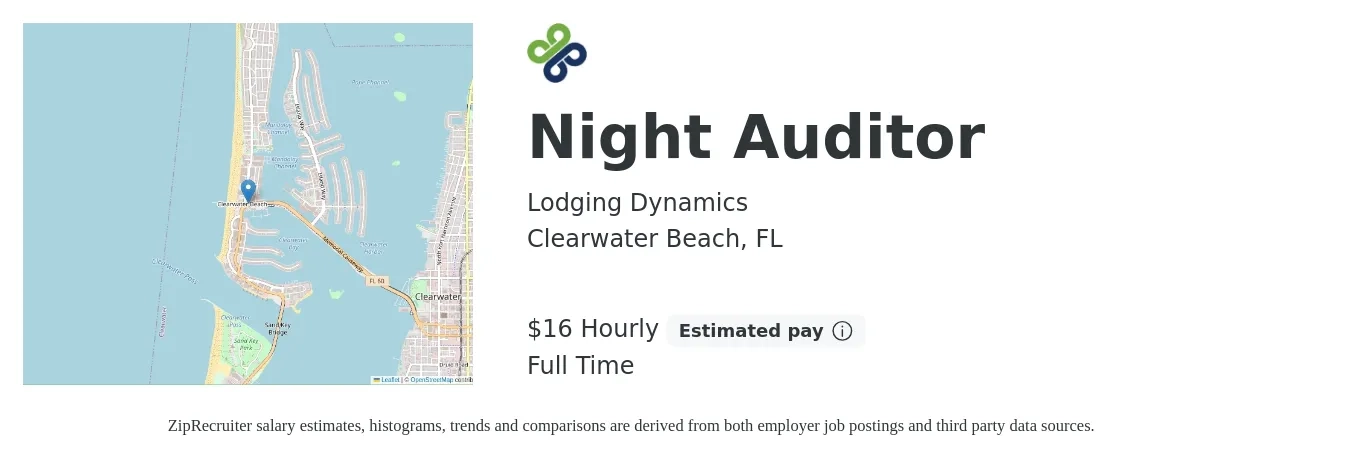 Lodging Dynamics job posting for a Night Auditor in Clearwater Beach, FL with a salary of $17 Hourly with a map of Clearwater Beach location.