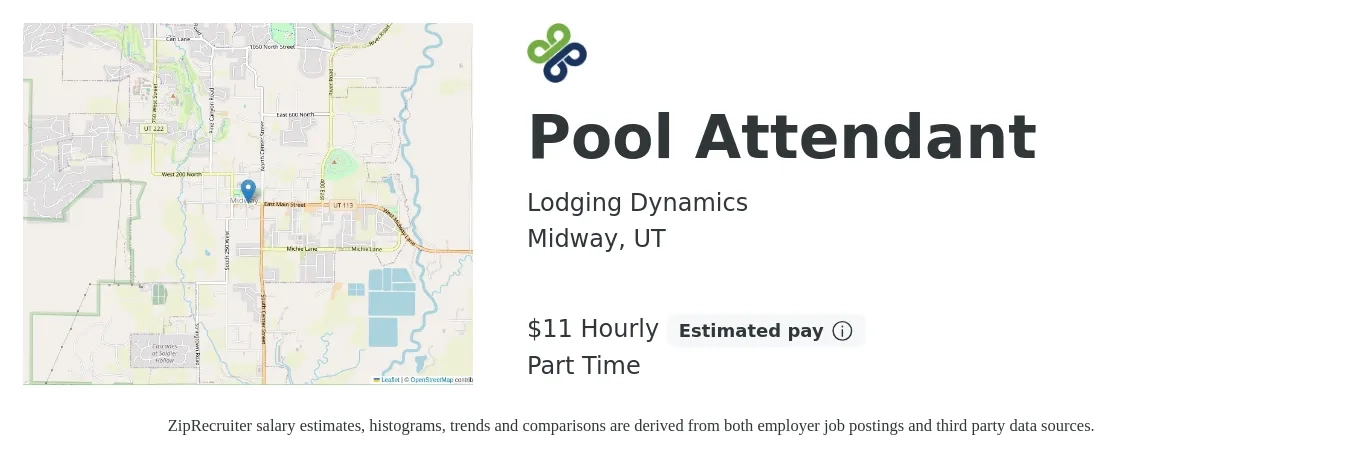 Lodging Dynamics job posting for a Pool Attendant in Midway, UT with a salary of $12 Hourly with a map of Midway location.