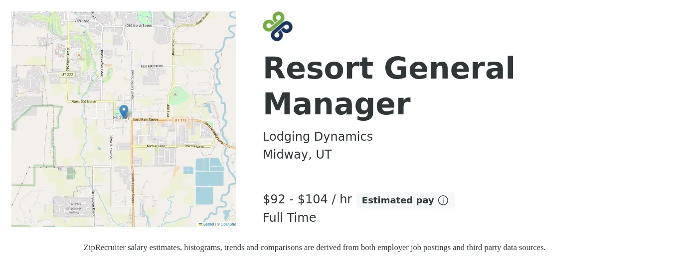 Lodging Dynamics job posting for a Resort General Manager in Midway, UT with a salary of $200,000 to $225,000 Yearly with a map of Midway location.