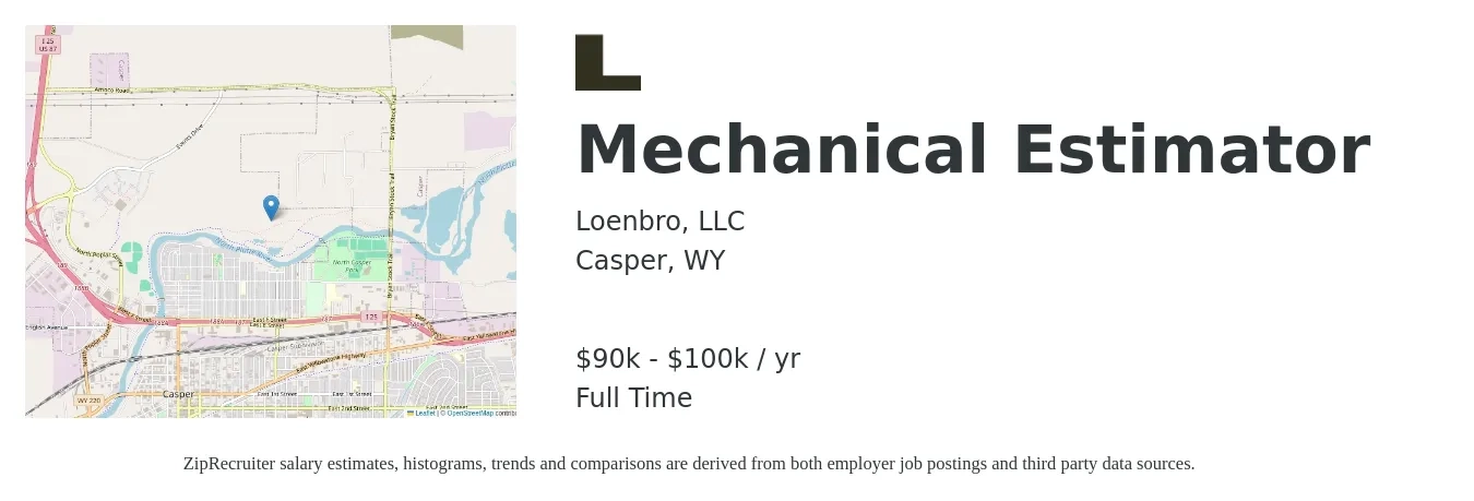 Loenbro, LLC job posting for a Mechanical Estimator in Casper, WY with a salary of $90,000 to $100,000 Yearly with a map of Casper location.