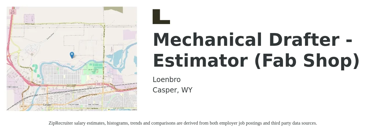 Loenbro job posting for a Mechanical Drafter -Estimator (Fab Shop) in Casper, WY with a salary of $64,800 to $107,200 Yearly with a map of Casper location.