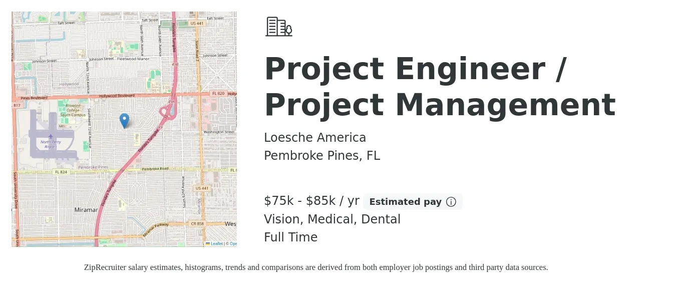 Loesche America job posting for a Project Engineer / Project Management in Pembroke Pines, FL with a salary of $75,000 to $85,000 Yearly and benefits including dental, life_insurance, medical, pto, retirement, and vision with a map of Pembroke Pines location.