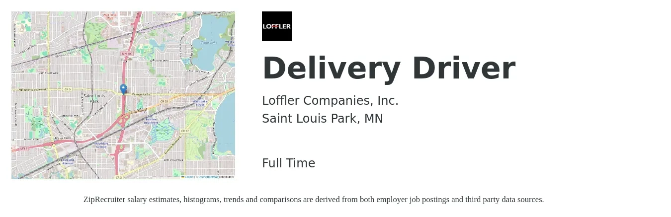 Loffler Companies, Inc. job posting for a Delivery Driver in Saint Louis Park, MN with a salary of $18 to $22 Hourly with a map of Saint Louis Park location.