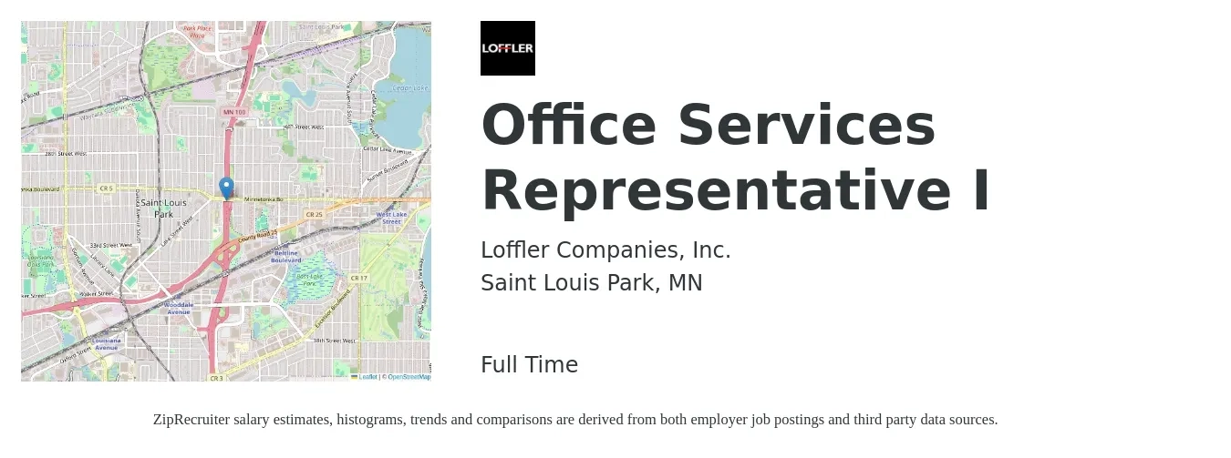 Loffler Companies, Inc. job posting for a Office Services Representative I in Saint Louis Park, MN with a salary of $18 to $25 Hourly with a map of Saint Louis Park location.