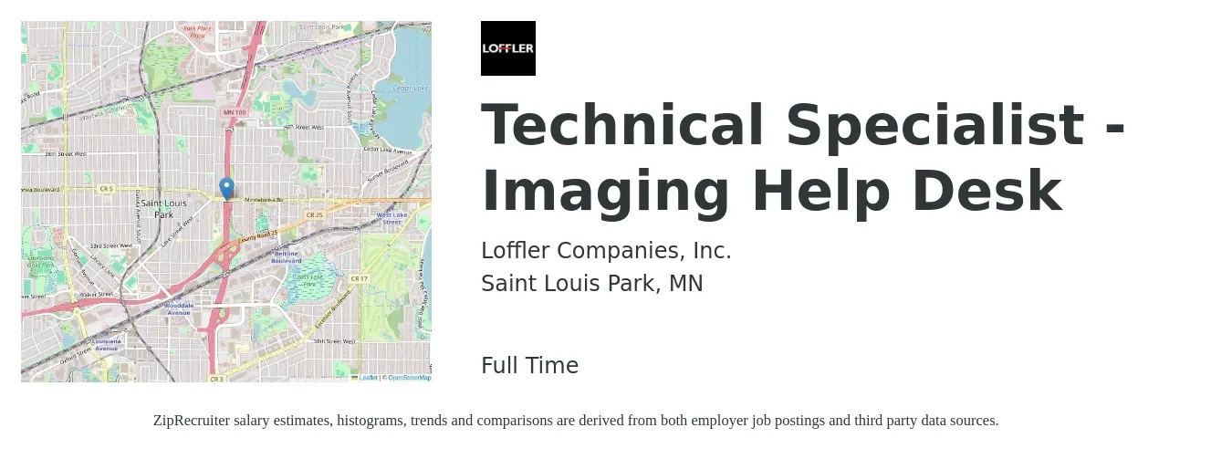 Loffler Companies, Inc. job posting for a Technical Specialist - Imaging Help Desk in Saint Louis Park, MN with a salary of $22 to $34 Hourly with a map of Saint Louis Park location.