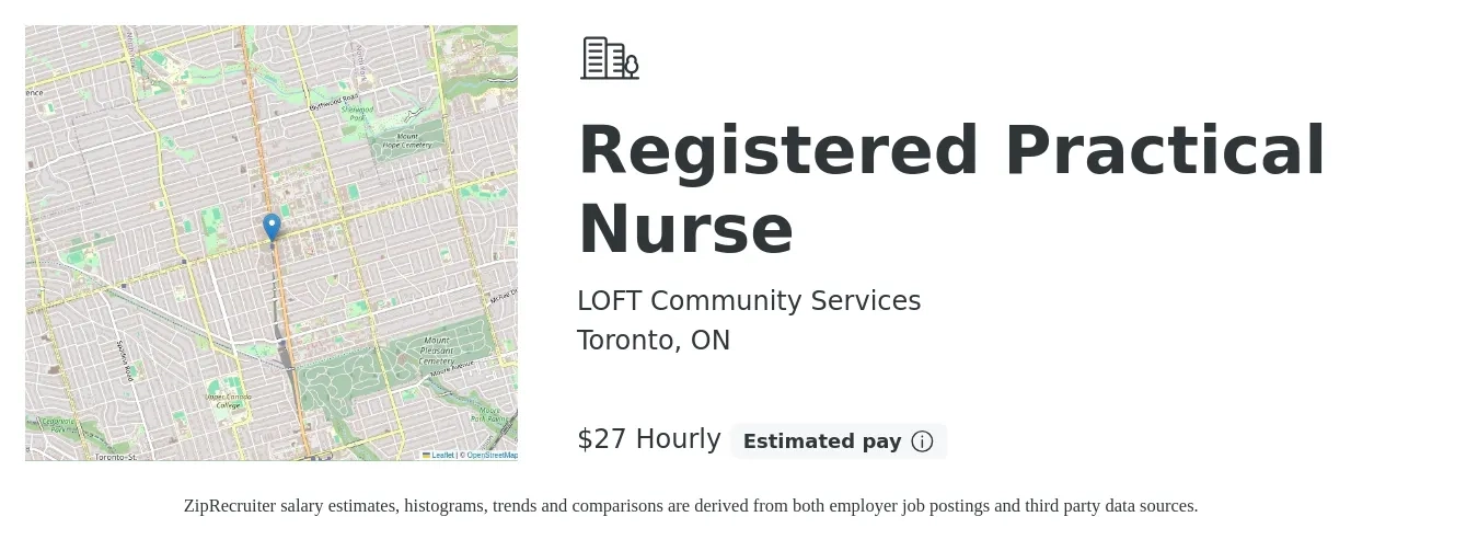 LOFT Community Services job posting for a Registered Practical Nurse in Toronto, ON with a salary of $28 Hourly with a map of Toronto location.
