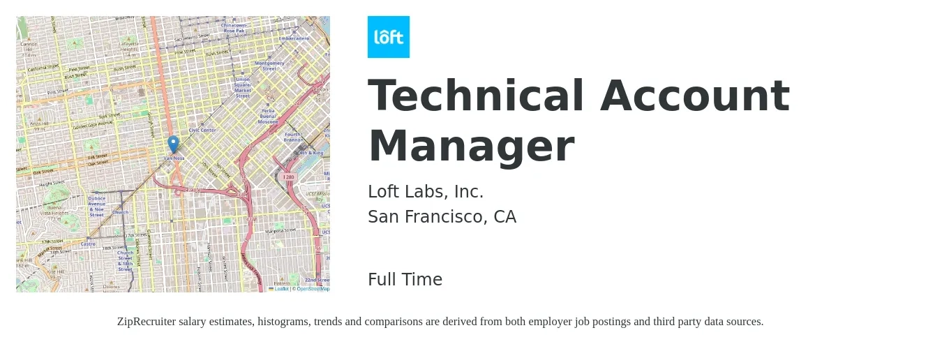Loft Labs, Inc. job posting for a Technical Account Manager in San Francisco, CA with a salary of $73,000 to $118,400 Yearly with a map of San Francisco location.
