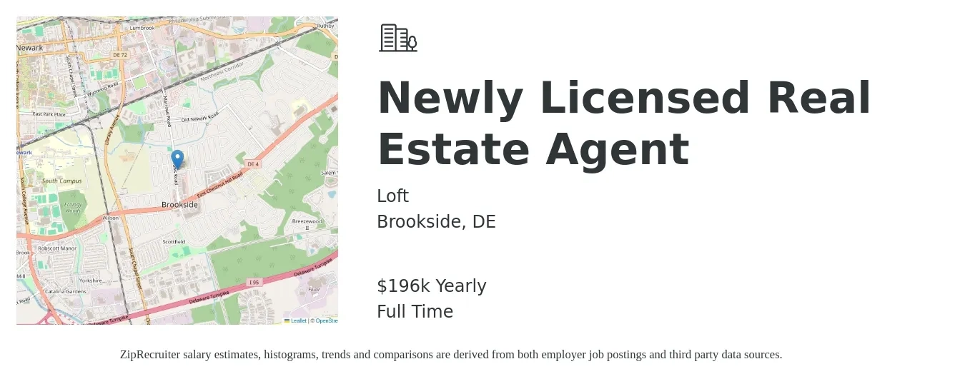 Loft job posting for a Newly Licensed Real Estate Agent in Brookside, DE with a salary of $196,492 Yearly with a map of Brookside location.