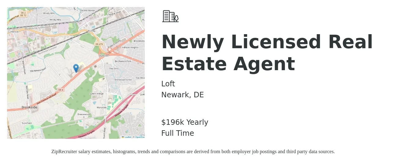 Loft job posting for a Newly Licensed Real Estate Agent in Newark, DE with a salary of $196,492 Yearly with a map of Newark location.