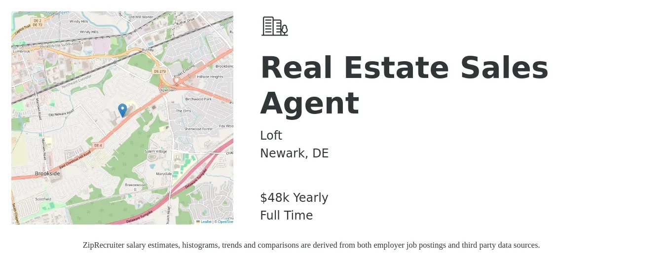 Loft job posting for a Real Estate Sales Agent in Newark, DE with a salary of $48,227 Yearly with a map of Newark location.