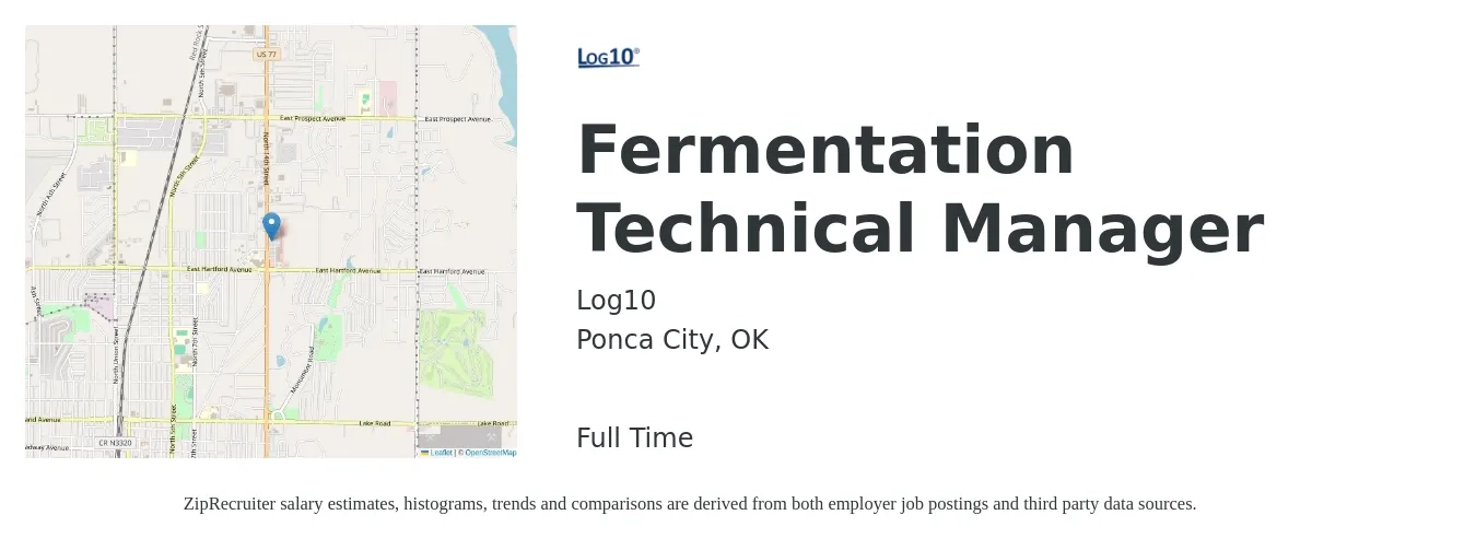 Log10 job posting for a Fermentation Technical Manager in Ponca City, OK with a salary of $130,900 to $151,300 Yearly with a map of Ponca City location.