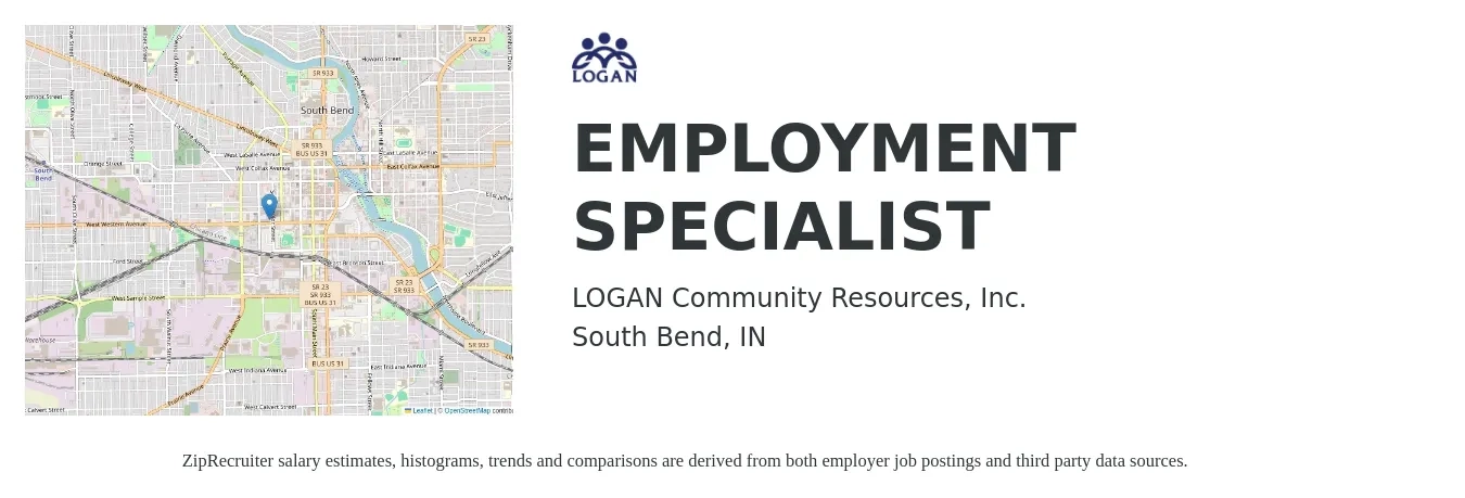 LOGAN Community Resources, Inc. job posting for a EMPLOYMENT SPECIALIST in South Bend, IN with a salary of $41,200 to $77,900 Yearly with a map of South Bend location.