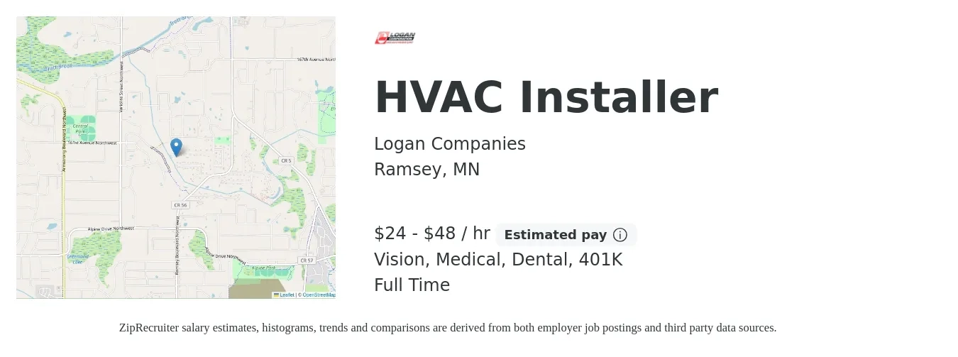 Logan Companies job posting for a HVAC Installer in Ramsey, MN with a salary of $25 to $50 Hourly and benefits including dental, medical, vision, and 401k with a map of Ramsey location.