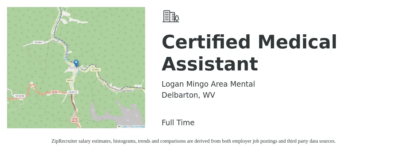Logan Mingo Area Mental job posting for a Certified Medical Assistant in Delbarton, WV with a salary of $16 to $21 Hourly with a map of Delbarton location.