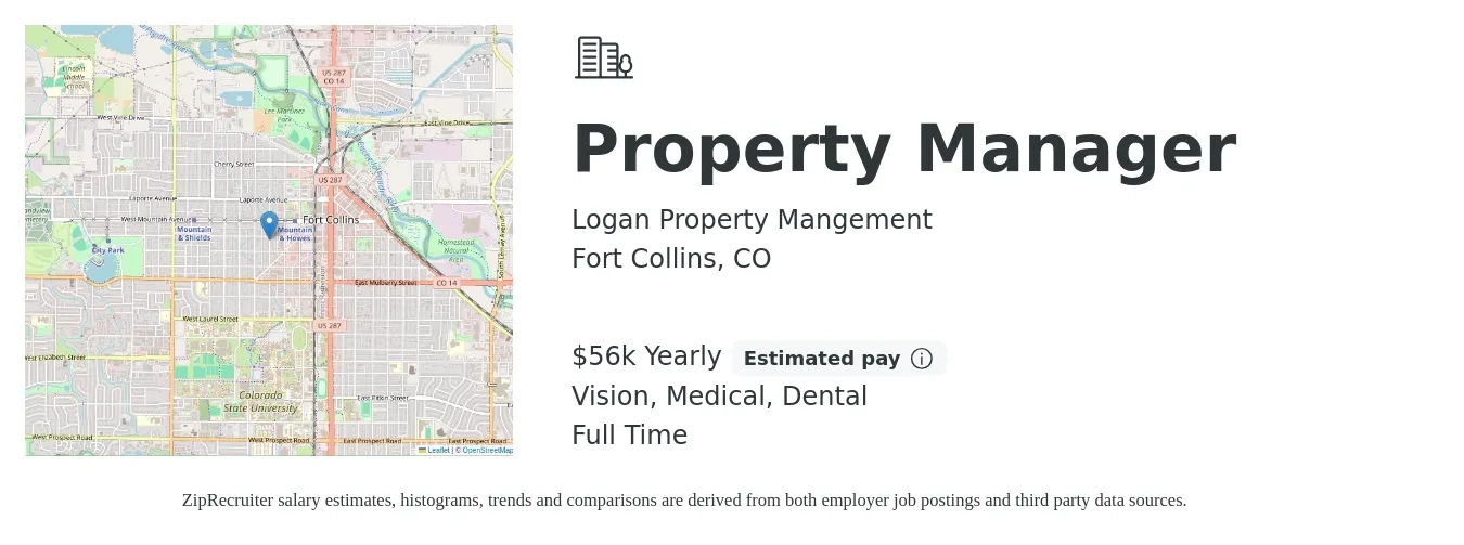 Logan Property Mangement job posting for a Property Manager in Fort Collins, CO with a salary of $56,000 Yearly and benefits including dental, life_insurance, medical, pto, retirement, and vision with a map of Fort Collins location.