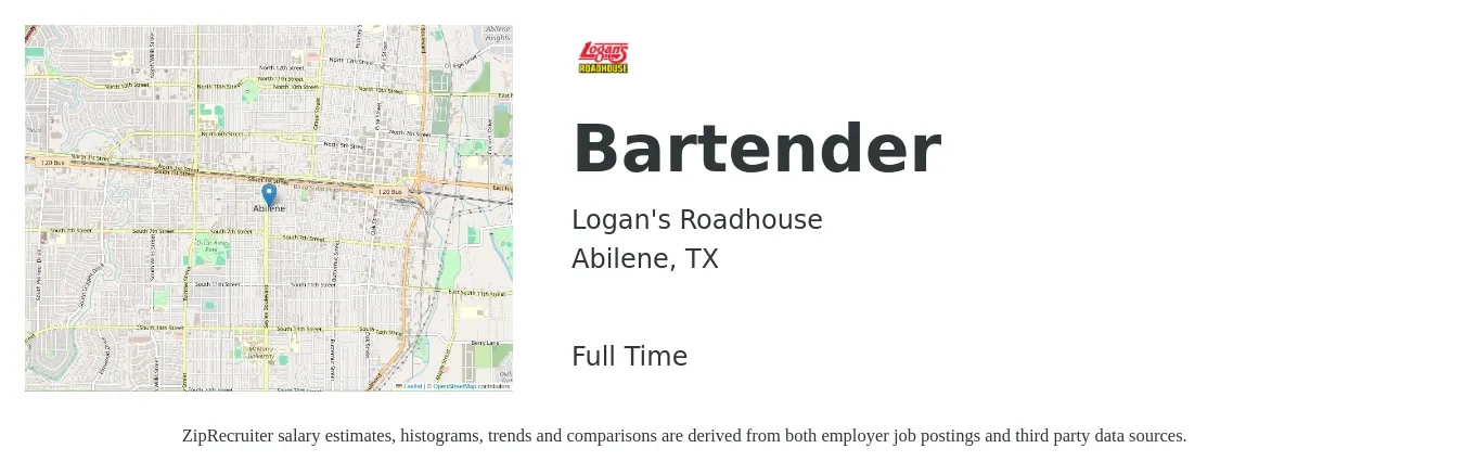 Logan's Roadhouse job posting for a Bartender in Abilene, TX with a salary of $8 to $15 Hourly with a map of Abilene location.