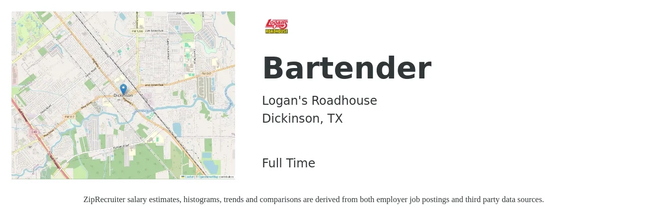 Logan's Roadhouse job posting for a Bartender in Dickinson, TX with a salary of $8 to $16 Hourly with a map of Dickinson location.
