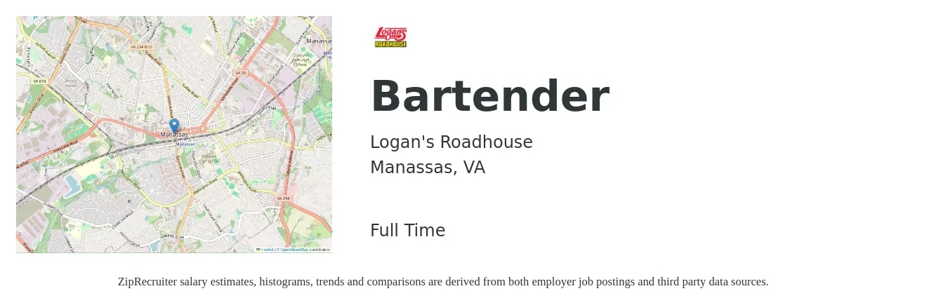 Logan's Roadhouse job posting for a Bartender in Manassas, VA with a salary of $9 to $18 Hourly with a map of Manassas location.