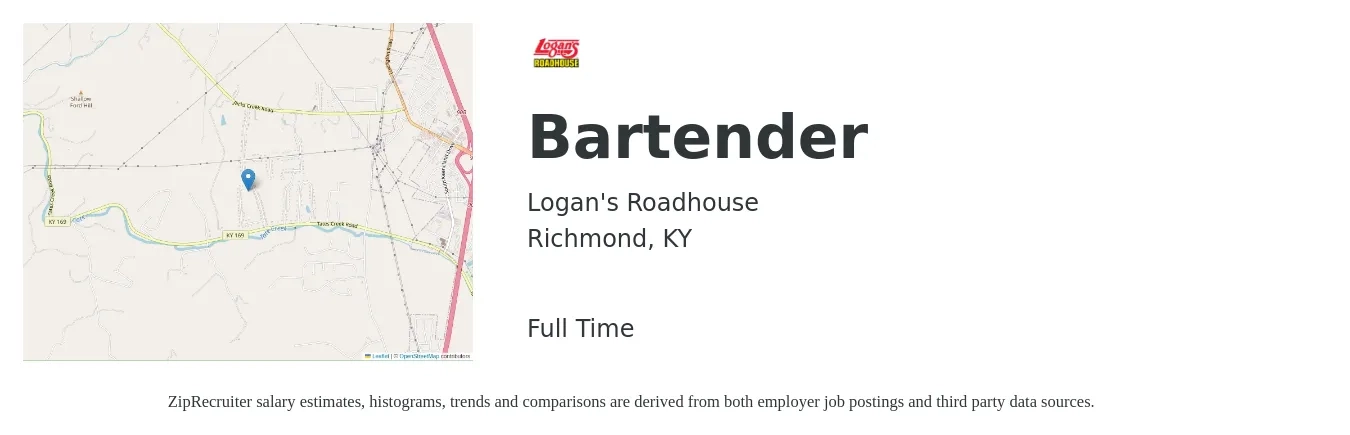 Logan's Roadhouse job posting for a Bartender in Richmond, KY with a salary of $8 to $15 Hourly with a map of Richmond location.