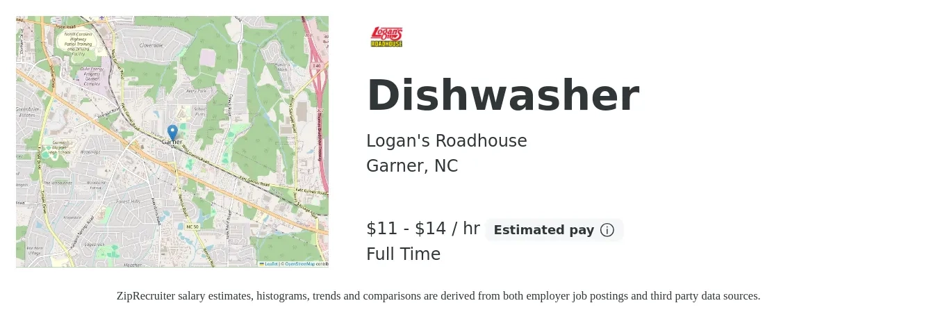 Logan's Roadhouse job posting for a Dishwasher in Garner, NC with a salary of $12 to $15 Hourly with a map of Garner location.