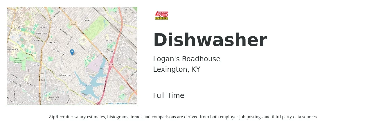 Logan's Roadhouse job posting for a Dishwasher in Lexington, KY with a salary of $11 to $14 Hourly with a map of Lexington location.