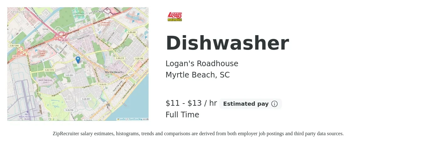Logan's Roadhouse job posting for a Dishwasher in Myrtle Beach, SC with a salary of $12 to $14 Hourly with a map of Myrtle Beach location.