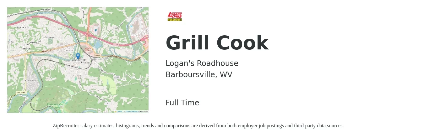 Logan's Roadhouse job posting for a Grill Cook in Barboursville, WV with a salary of $11 to $14 Hourly with a map of Barboursville location.